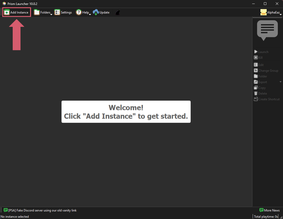 Bouton Add Instance dans Prism Launcher